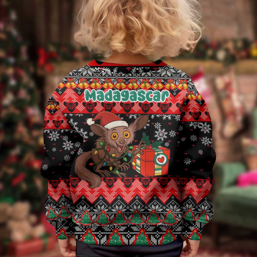 Madagascar Christmas Kid Ugly Christmas Sweater with Aye Aye Lemur Santa Hat Holiday Lights and Gift Box Pattern - Wonder Print Shop