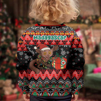 Madagascar Christmas Kid Ugly Christmas Sweater with Aye Aye Lemur Santa Hat Holiday Lights and Gift Box Pattern - Wonder Print Shop