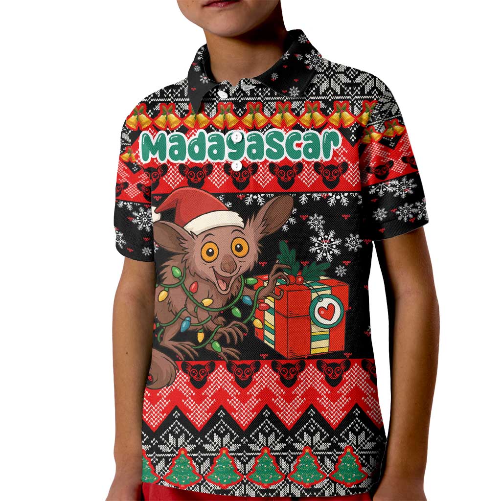 Madagascar Christmas Kid Polo Shirt with Aye Aye Lemur Santa Hat Holiday Lights and Gift Box Pattern - Wonder Print Shop
