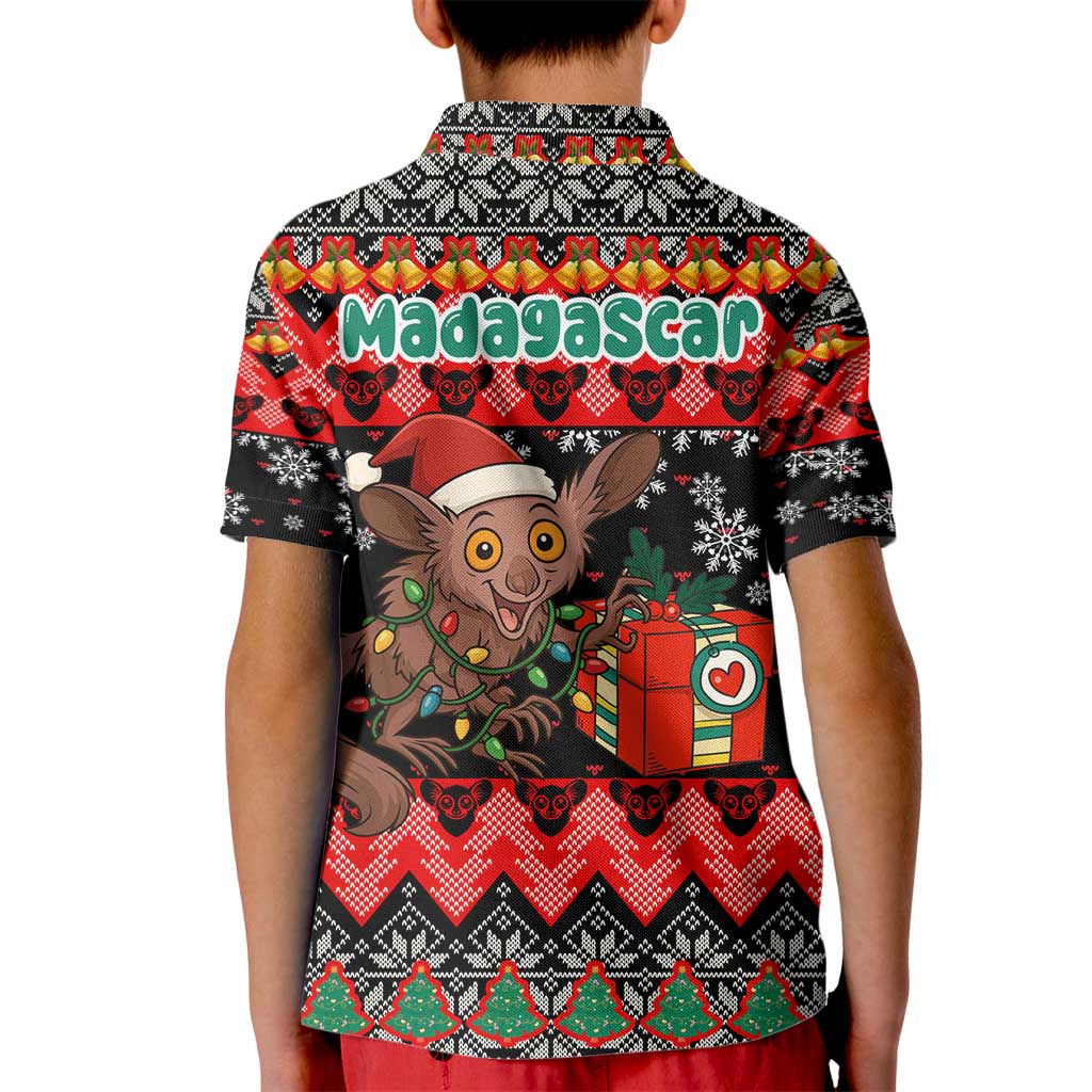 Madagascar Christmas Kid Polo Shirt with Aye Aye Lemur Santa Hat Holiday Lights and Gift Box Pattern - Wonder Print Shop