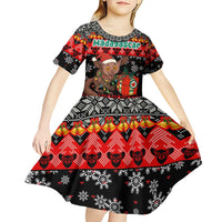 Madagascar Christmas Kid Short Sleeve Dress with Aye Aye Lemur Santa Hat Holiday Lights and Gift Box Pattern - Wonder Print Shop