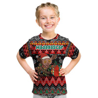 Madagascar Christmas Kid T Shirt with Aye Aye Lemur Santa Hat Holiday Lights and Gift Box Pattern - Wonder Print Shop