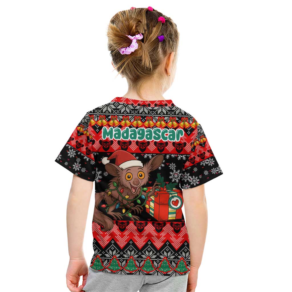Madagascar Christmas Kid T Shirt with Aye Aye Lemur Santa Hat Holiday Lights and Gift Box Pattern - Wonder Print Shop