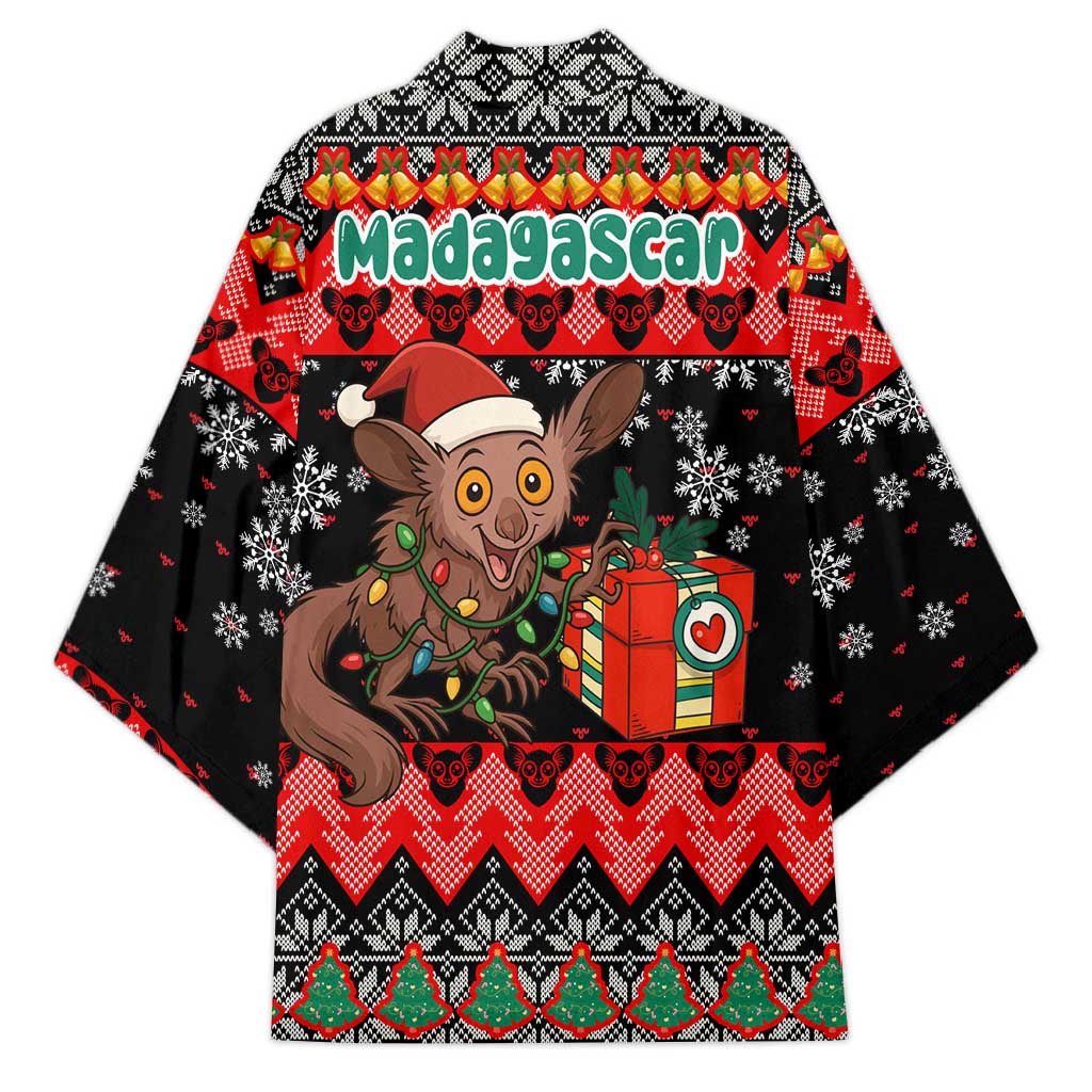 Madagascar Christmas Kimono with Aye Aye Lemur Santa Hat Holiday Lights and Gift Box Pattern - Wonder Print Shop