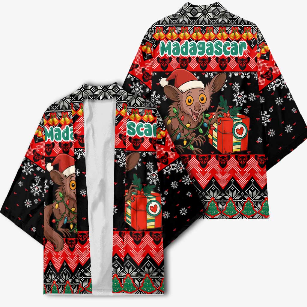 Madagascar Christmas Kimono with Aye Aye Lemur Santa Hat Holiday Lights and Gift Box Pattern - Wonder Print Shop
