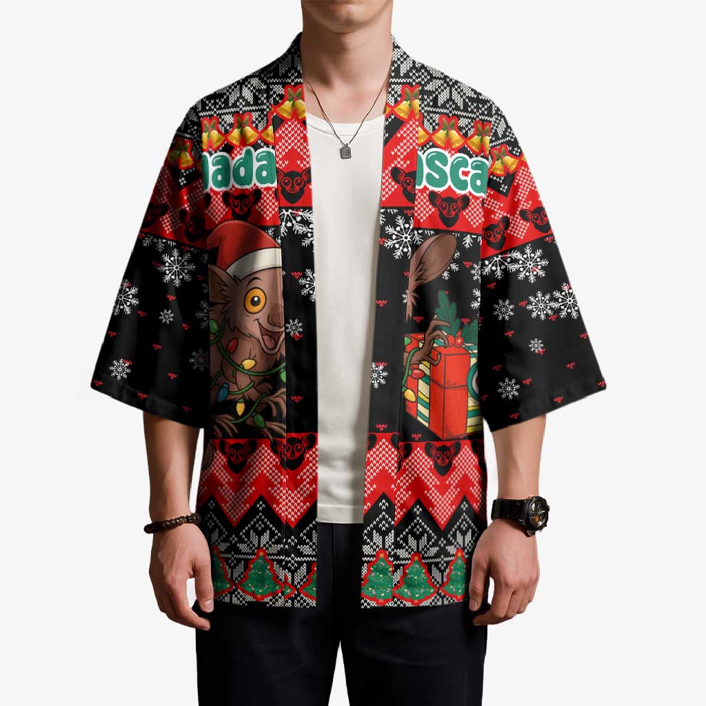 Madagascar Christmas Kimono with Aye Aye Lemur Santa Hat Holiday Lights and Gift Box Pattern - Wonder Print Shop