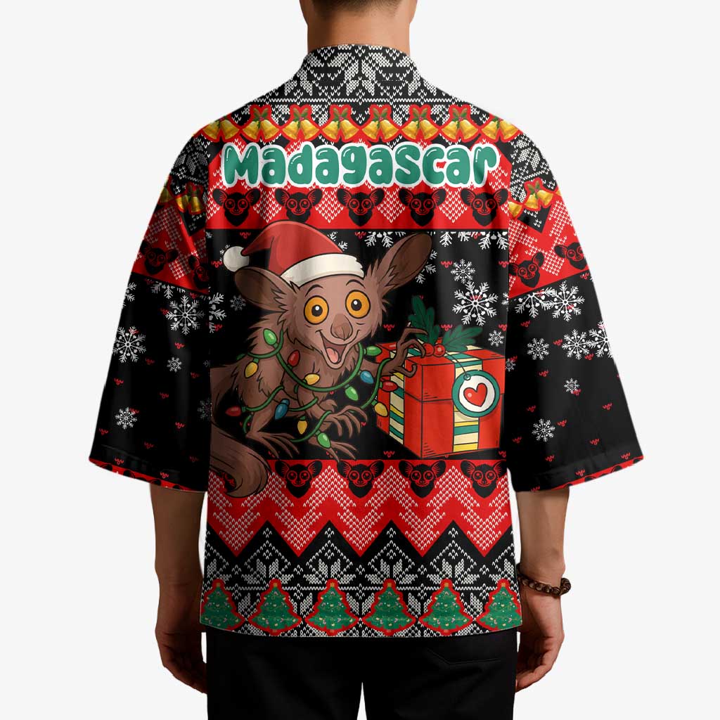 Madagascar Christmas Kimono with Aye Aye Lemur Santa Hat Holiday Lights and Gift Box Pattern - Wonder Print Shop