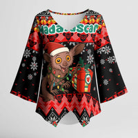 Madagascar Christmas Kimono Sleeve Blouse with Aye Aye Lemur Santa Hat Holiday Lights and Gift Box Pattern - Wonder Print Shop