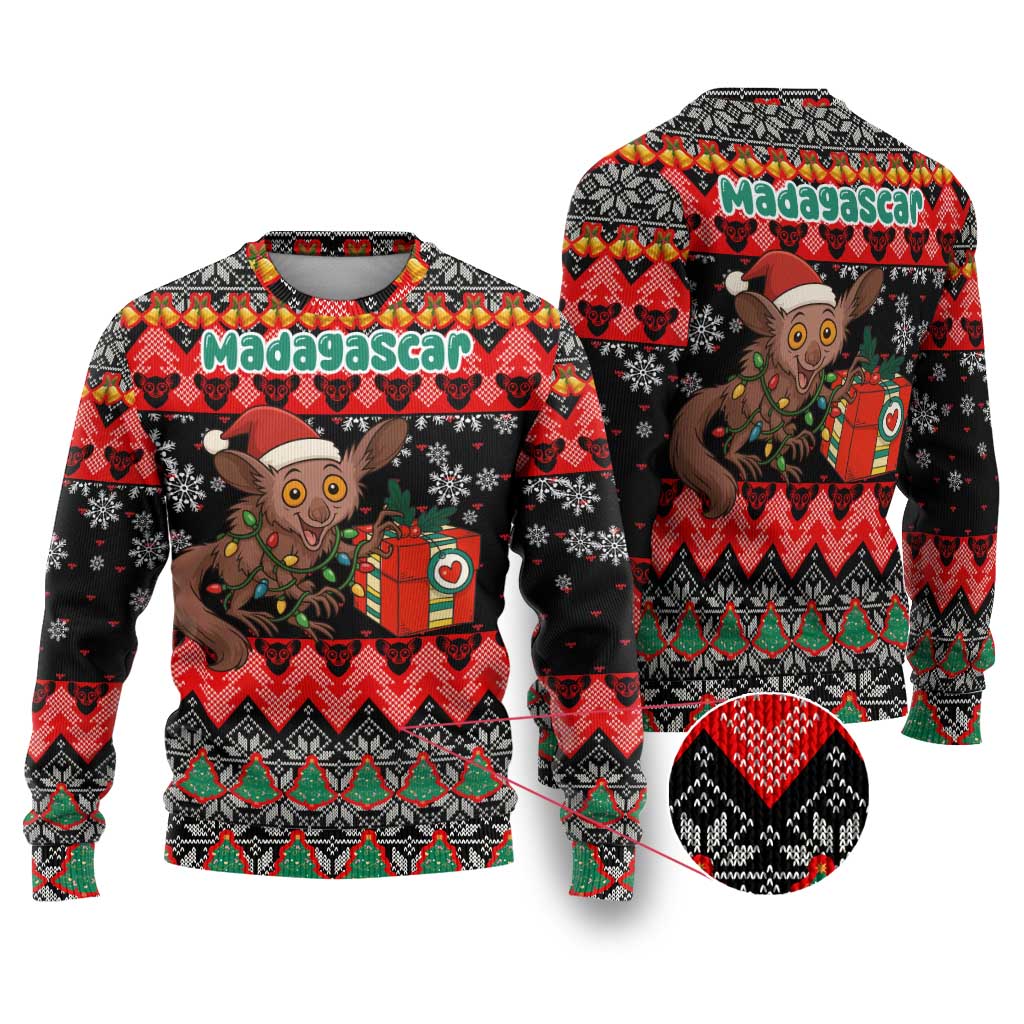 Madagascar Christmas Ugly Christmas Sweater with Aye Aye Lemur Santa Hat Holiday Lights and Gift Box Pattern - Wonder Print Shop
