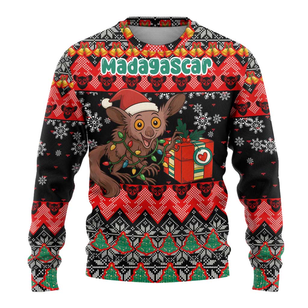 Madagascar Christmas Ugly Christmas Sweater with Aye Aye Lemur Santa Hat Holiday Lights and Gift Box Pattern - Wonder Print Shop