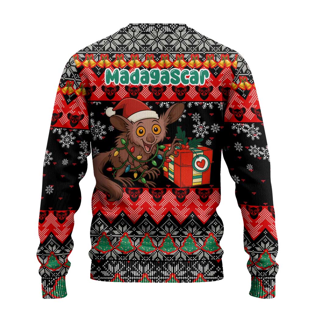 Madagascar Christmas Ugly Christmas Sweater with Aye Aye Lemur Santa Hat Holiday Lights and Gift Box Pattern - Wonder Print Shop