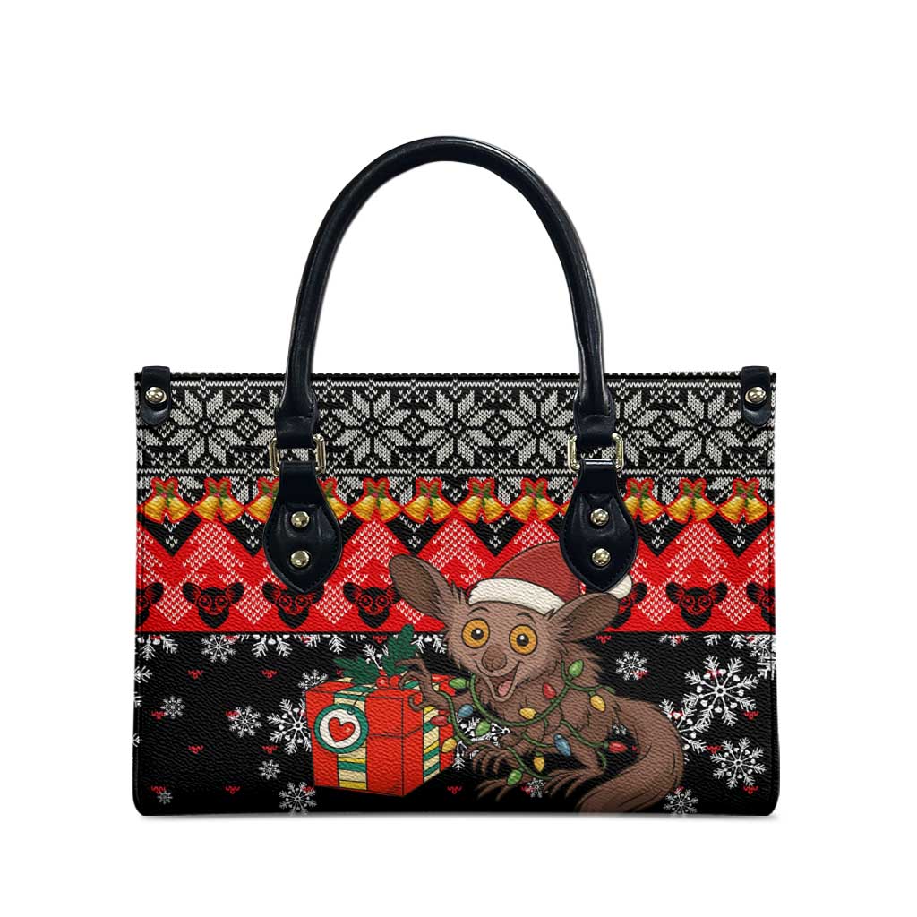 Madagascar Christmas Leather Bag with Aye Aye Lemur Santa Hat Holiday Lights and Gift Box Pattern - Wonder Print Shop