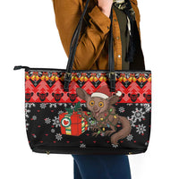 Madagascar Christmas Leather Tote Bag with Aye Aye Lemur Santa Hat Holiday Lights and Gift Box Pattern - Wonder Print Shop