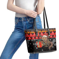 Madagascar Christmas Leather Tote Bag with Aye Aye Lemur Santa Hat Holiday Lights and Gift Box Pattern - Wonder Print Shop