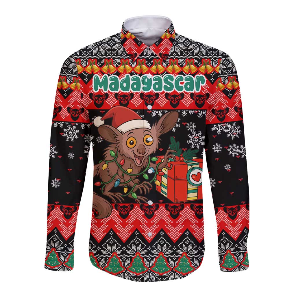 Madagascar Christmas Long Sleeve Button Shirt with Aye Aye Lemur Santa Hat Holiday Lights and Gift Box Pattern - Wonder Print Shop