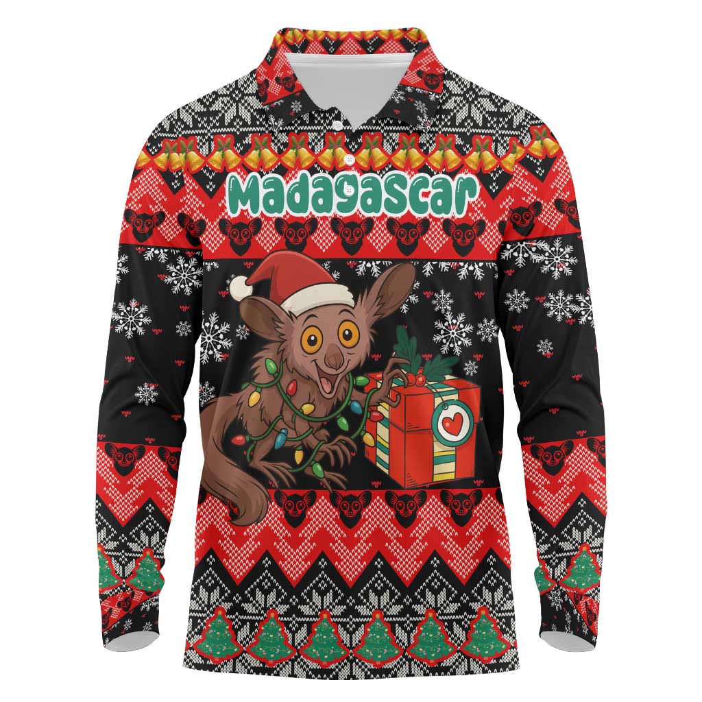 Madagascar Christmas Long Sleeve Polo Shirt with Aye Aye Lemur Santa Hat Holiday Lights and Gift Box Pattern - Wonder Print Shop