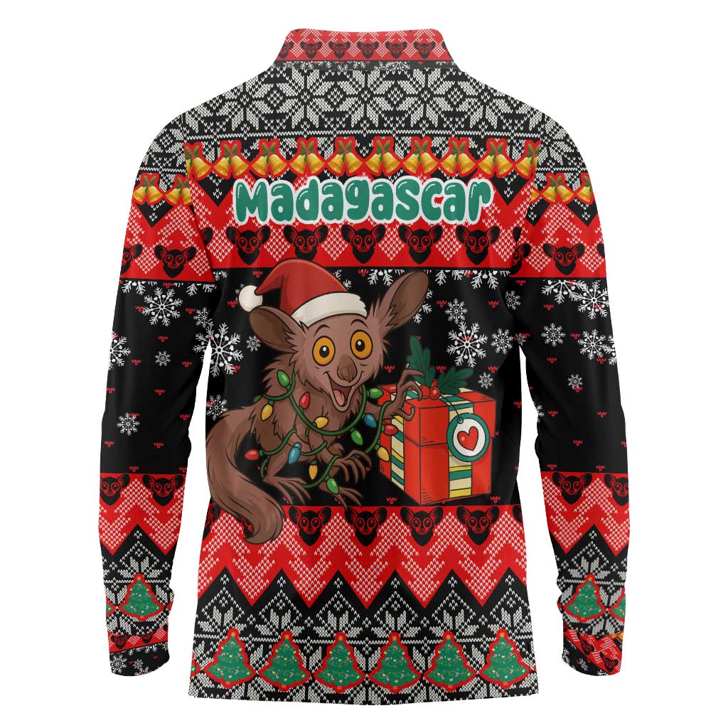 Madagascar Christmas Long Sleeve Polo Shirt with Aye Aye Lemur Santa Hat Holiday Lights and Gift Box Pattern - Wonder Print Shop