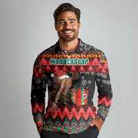 Madagascar Christmas Long Sleeve Polo Shirt with Aye Aye Lemur Santa Hat Holiday Lights and Gift Box Pattern - Wonder Print Shop
