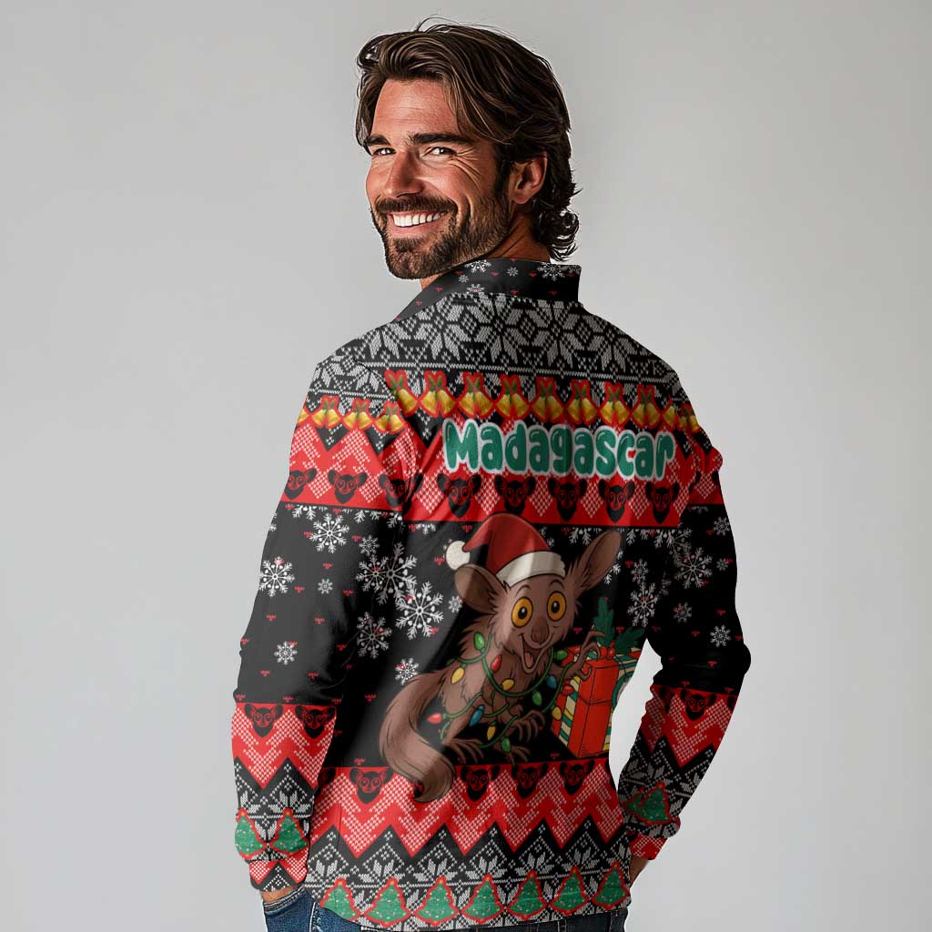 Madagascar Christmas Long Sleeve Polo Shirt with Aye Aye Lemur Santa Hat Holiday Lights and Gift Box Pattern - Wonder Print Shop