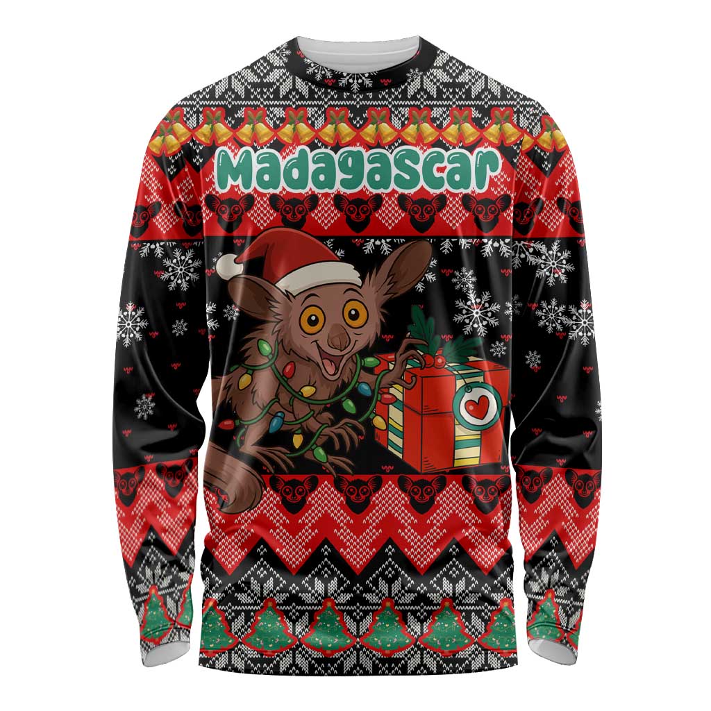 Madagascar Christmas Long Sleeve Shirt with Aye Aye Lemur Santa Hat Holiday Lights and Gift Box Pattern - Wonder Print Shop
