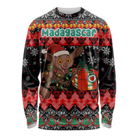 Madagascar Christmas Long Sleeve Shirt with Aye Aye Lemur Santa Hat Holiday Lights and Gift Box Pattern - Wonder Print Shop