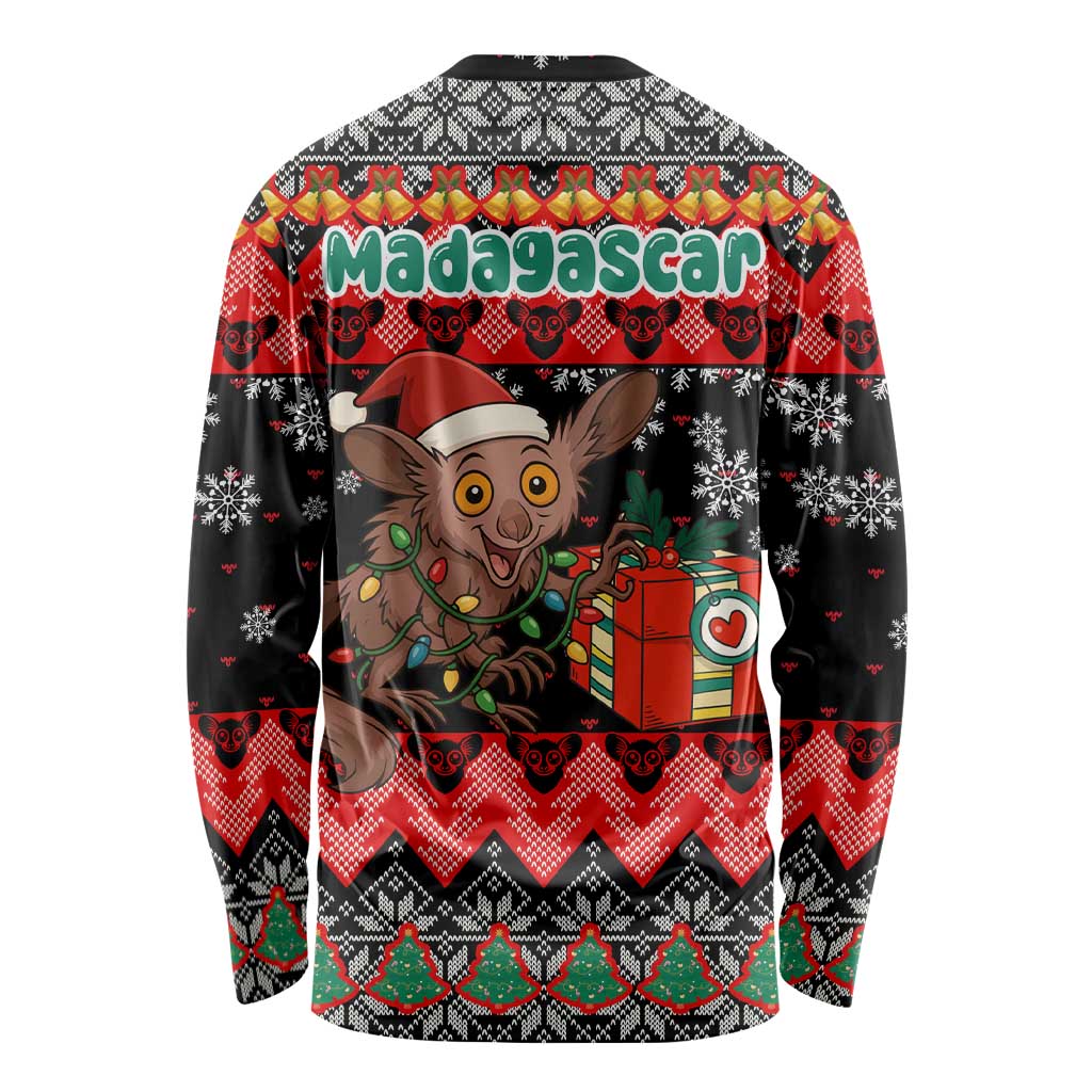 Madagascar Christmas Long Sleeve Shirt with Aye Aye Lemur Santa Hat Holiday Lights and Gift Box Pattern - Wonder Print Shop
