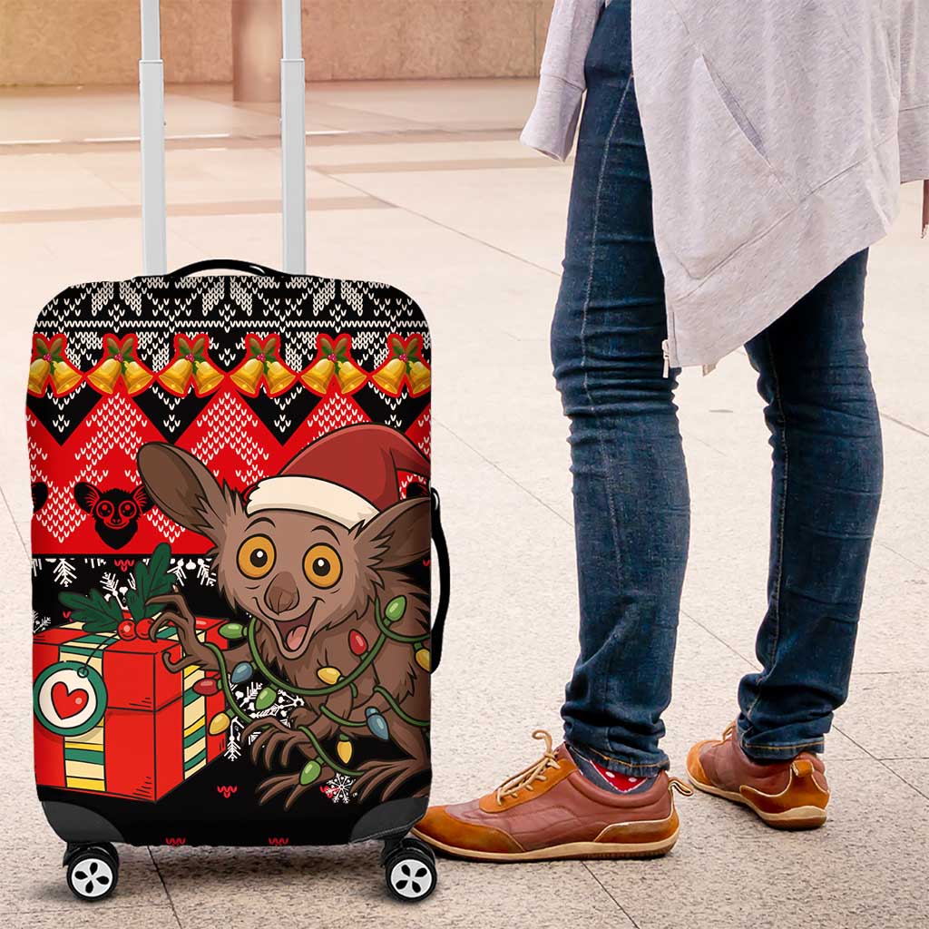 Madagascar Christmas Luggage Cover with Aye Aye Lemur Santa Hat Holiday Lights and Gift Box Pattern - Wonder Print Shop