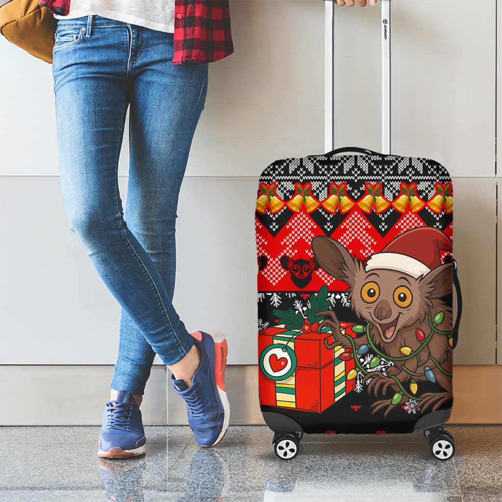 Madagascar Christmas Luggage Cover with Aye Aye Lemur Santa Hat Holiday Lights and Gift Box Pattern - Wonder Print Shop