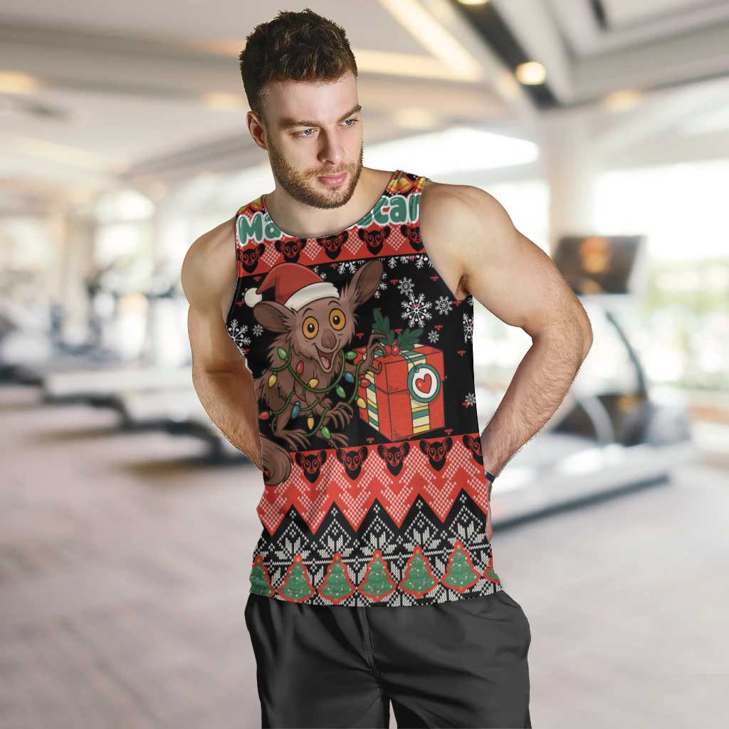 Madagascar Christmas Men Tank Top with Aye Aye Lemur Santa Hat Holiday Lights and Gift Box Pattern - Wonder Print Shop