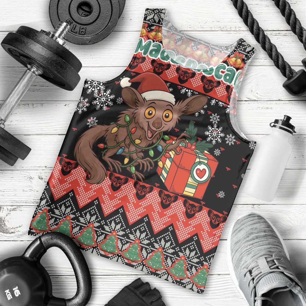 Madagascar Christmas Men Tank Top with Aye Aye Lemur Santa Hat Holiday Lights and Gift Box Pattern - Wonder Print Shop