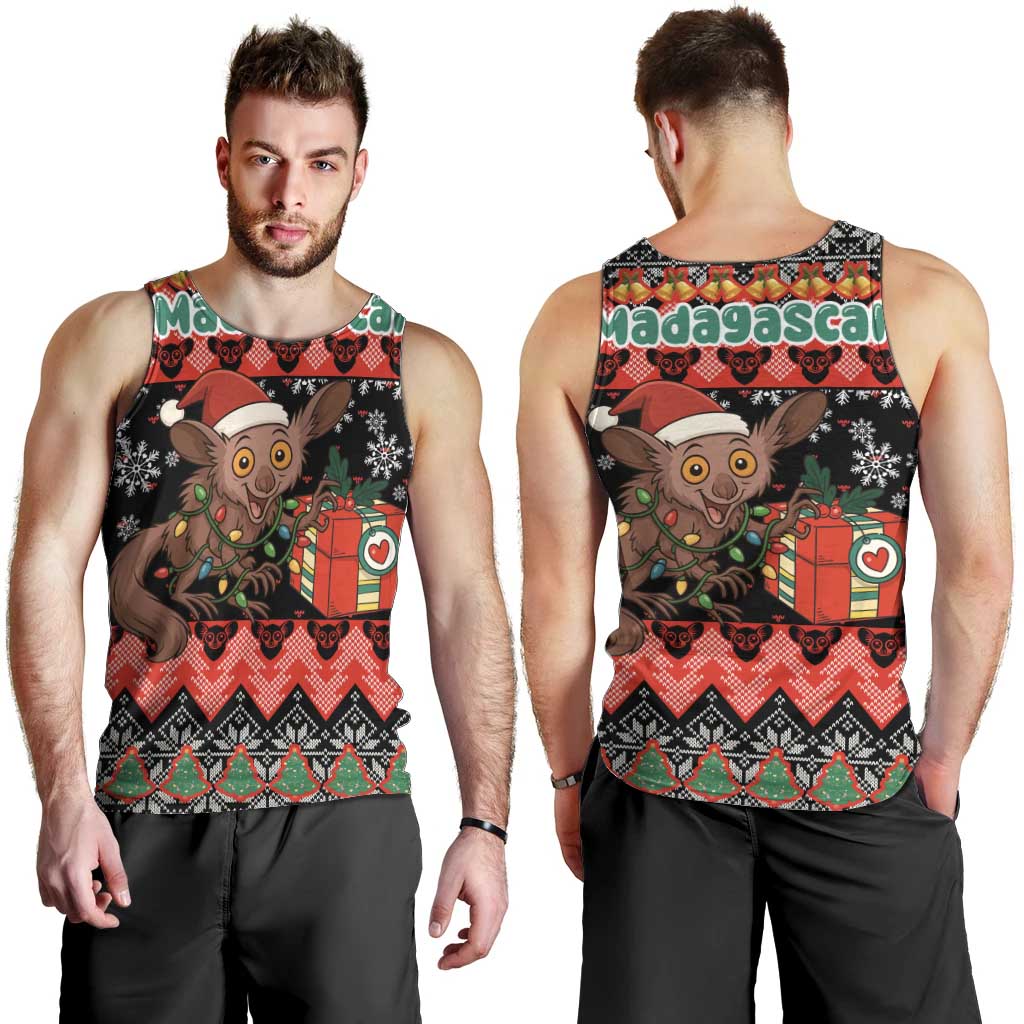Madagascar Christmas Men Tank Top with Aye Aye Lemur Santa Hat Holiday Lights and Gift Box Pattern - Wonder Print Shop