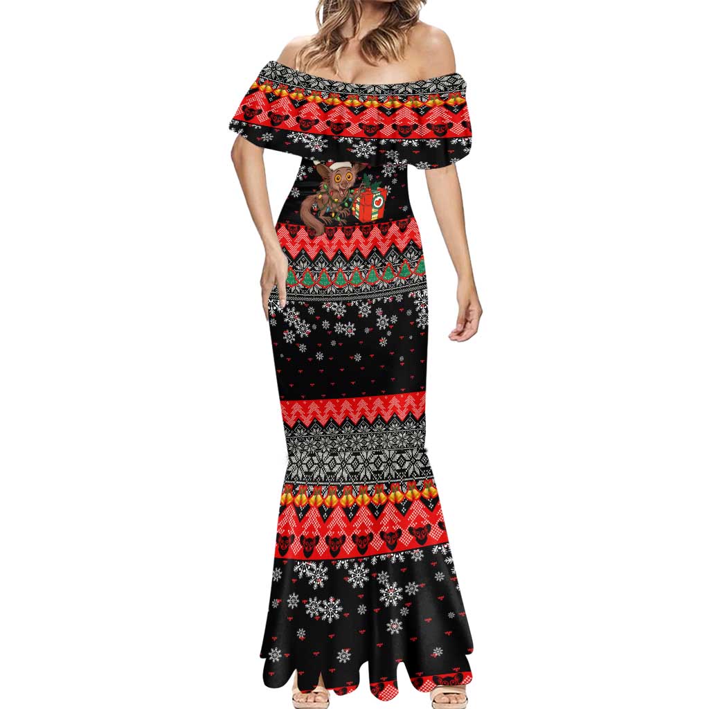 Madagascar Christmas Mermaid Dress with Aye Aye Lemur Santa Hat Holiday Lights and Gift Box Pattern - Wonder Print Shop