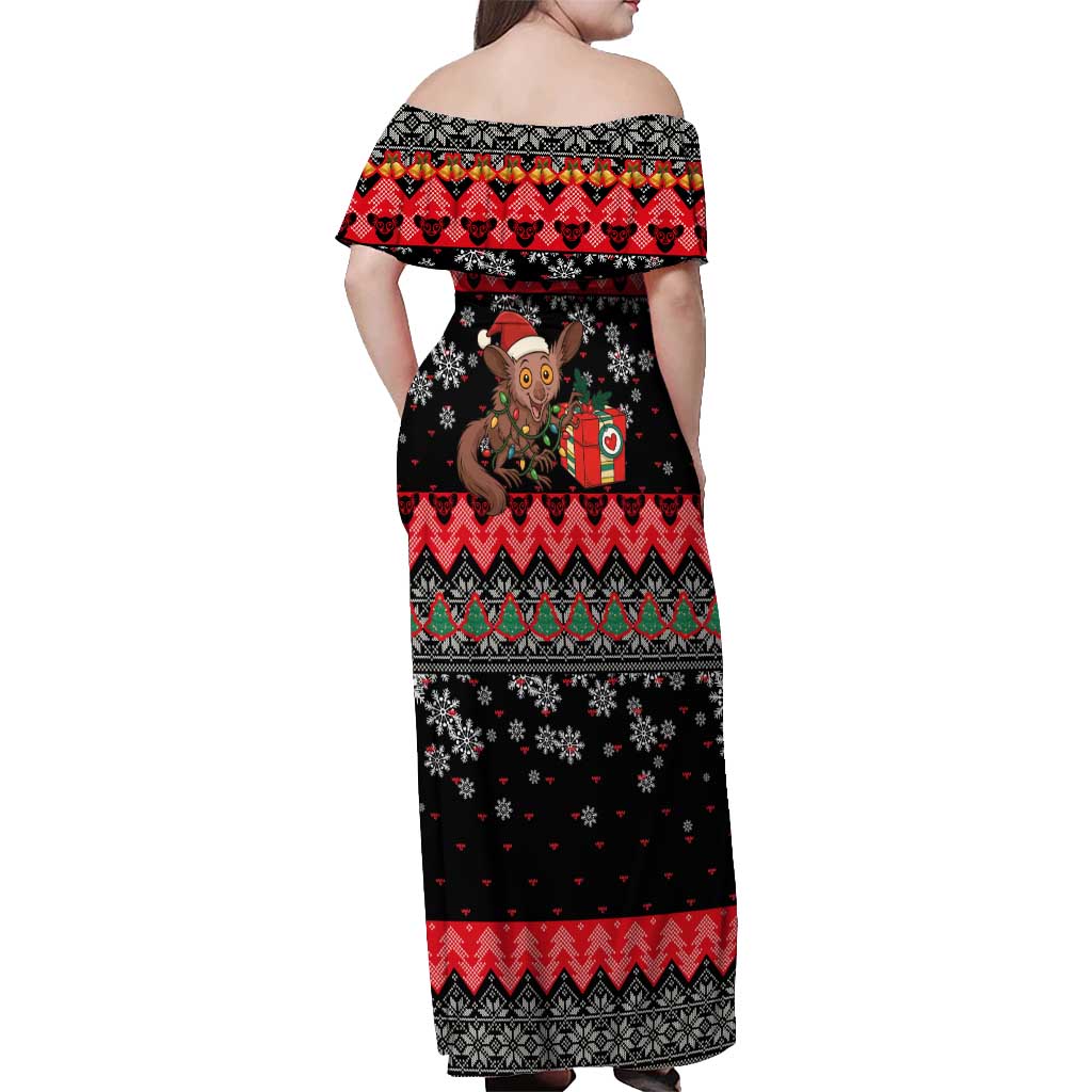 Madagascar Christmas Off Shoulder Maxi Dress with Aye Aye Lemur Santa Hat Holiday Lights and Gift Box Pattern - Wonder Print Shop