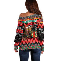 Madagascar Christmas Off Shoulder Sweater with Aye Aye Lemur Santa Hat Holiday Lights and Gift Box Pattern - Wonder Print Shop