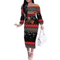 Madagascar Christmas Off The Shoulder Long Sleeve Dress with Aye Aye Lemur Santa Hat Holiday Lights and Gift Box Pattern - Wonder Print Shop