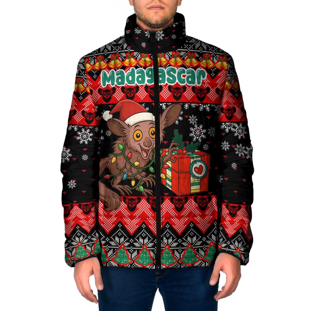 Madagascar Christmas Padded Jacket with Aye Aye Lemur Santa Hat Holiday Lights and Gift Box Pattern - Wonder Print Shop
