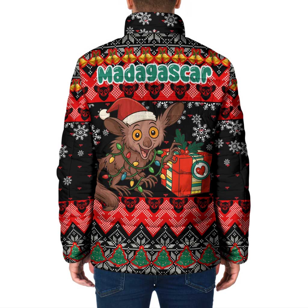 Madagascar Christmas Padded Jacket with Aye Aye Lemur Santa Hat Holiday Lights and Gift Box Pattern - Wonder Print Shop