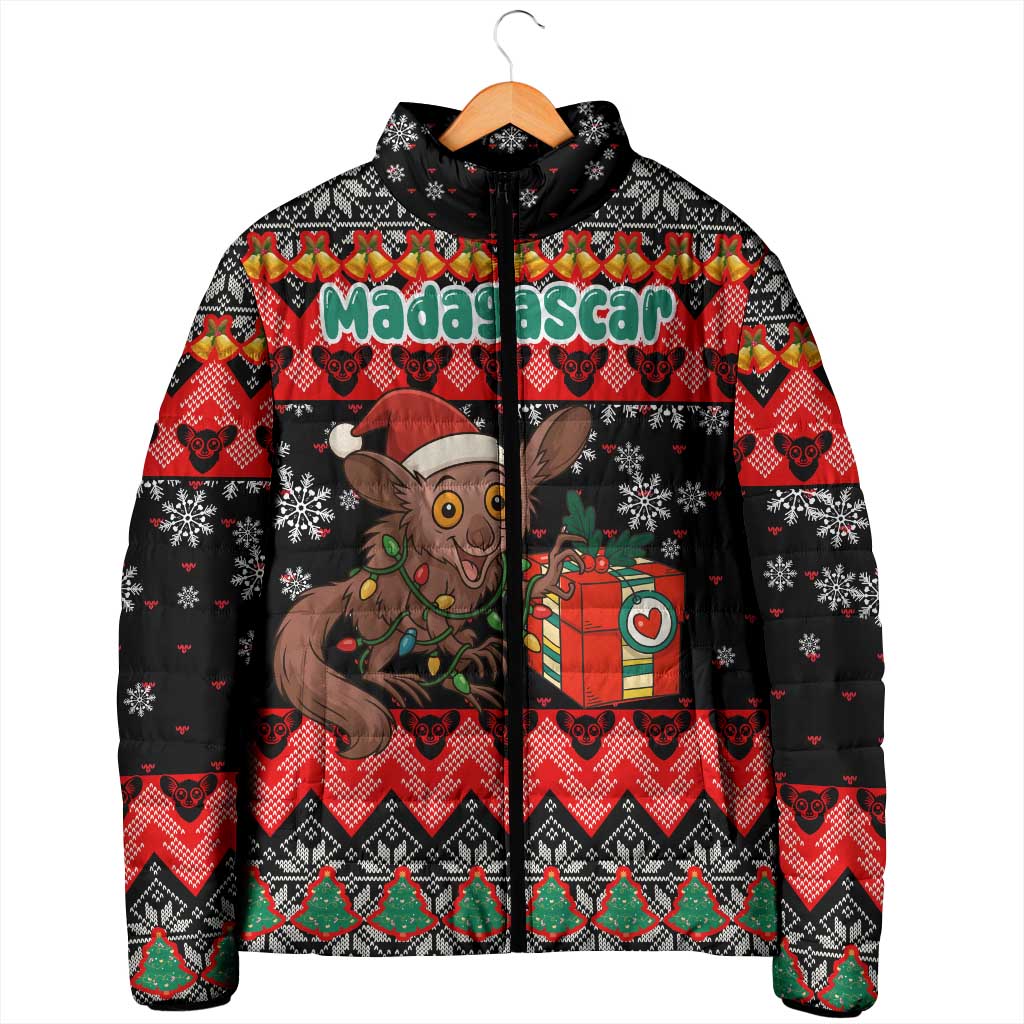 Madagascar Christmas Padded Jacket with Aye Aye Lemur Santa Hat Holiday Lights and Gift Box Pattern - Wonder Print Shop