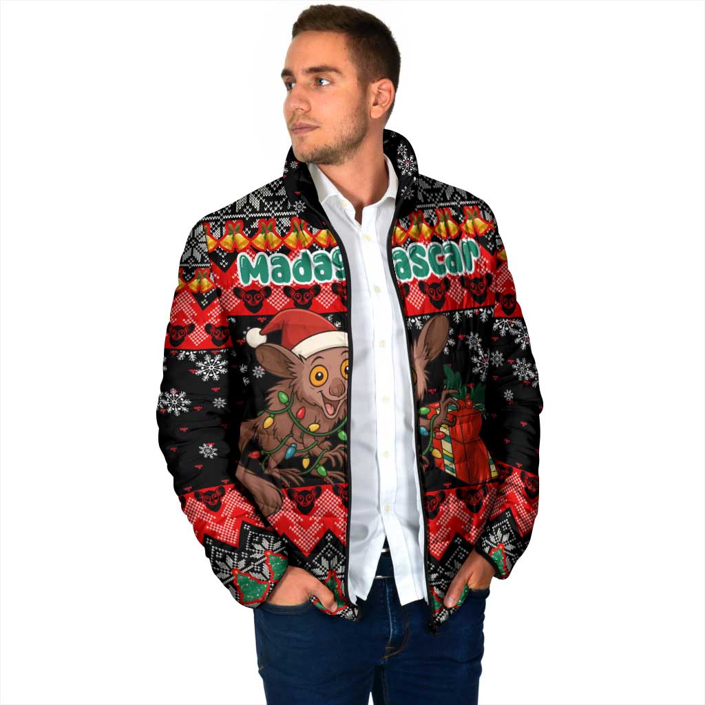 Madagascar Christmas Padded Jacket with Aye Aye Lemur Santa Hat Holiday Lights and Gift Box Pattern - Wonder Print Shop