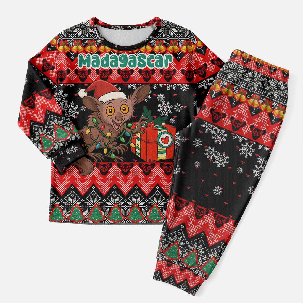 Madagascar Christmas Pajama Set with Aye Aye Lemur Santa Hat Holiday Lights and Gift Box Pattern - Wonder Print Shop