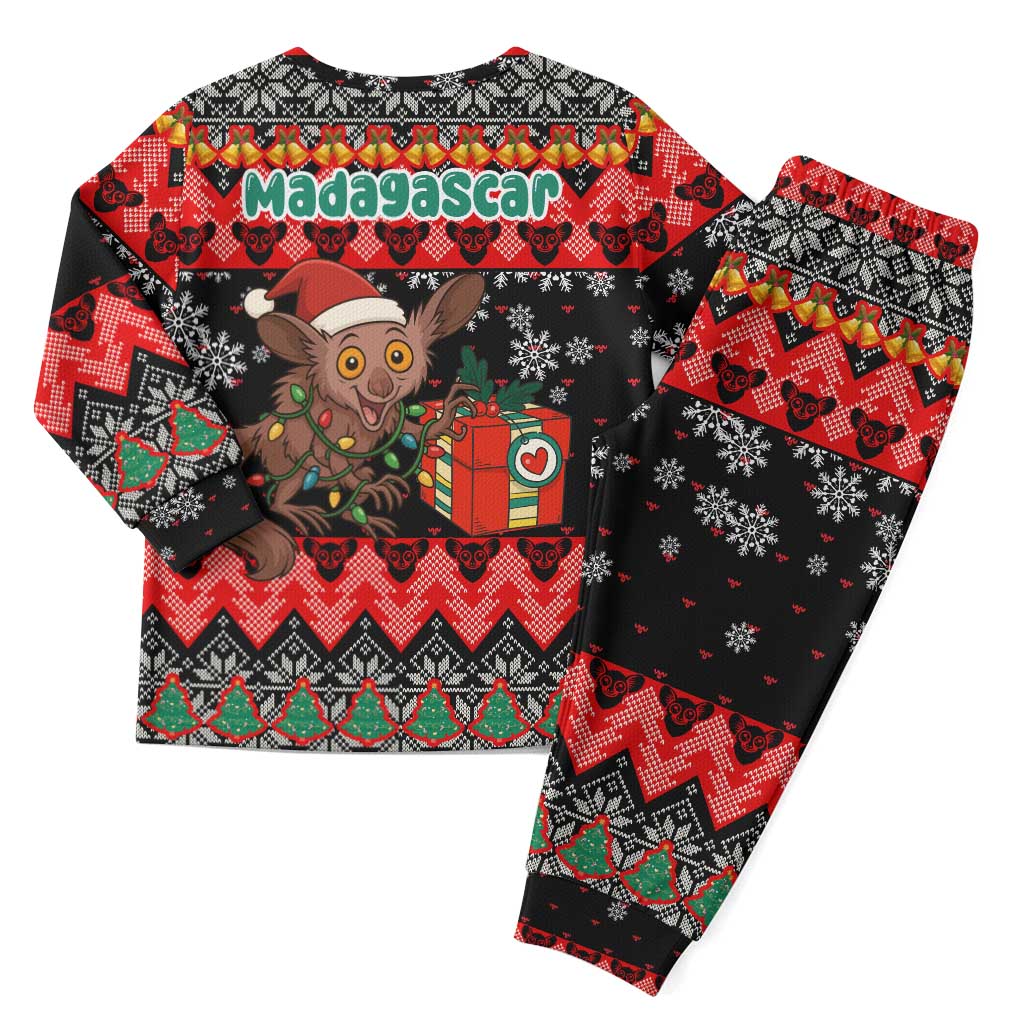 Madagascar Christmas Pajama Set with Aye Aye Lemur Santa Hat Holiday Lights and Gift Box Pattern - Wonder Print Shop