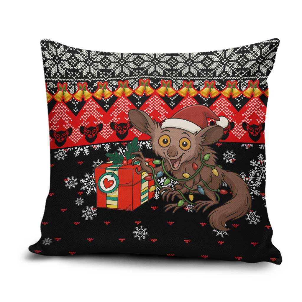 Madagascar Christmas Pillow Cover with Aye Aye Lemur Santa Hat Holiday Lights and Gift Box Pattern - Wonder Print Shop
