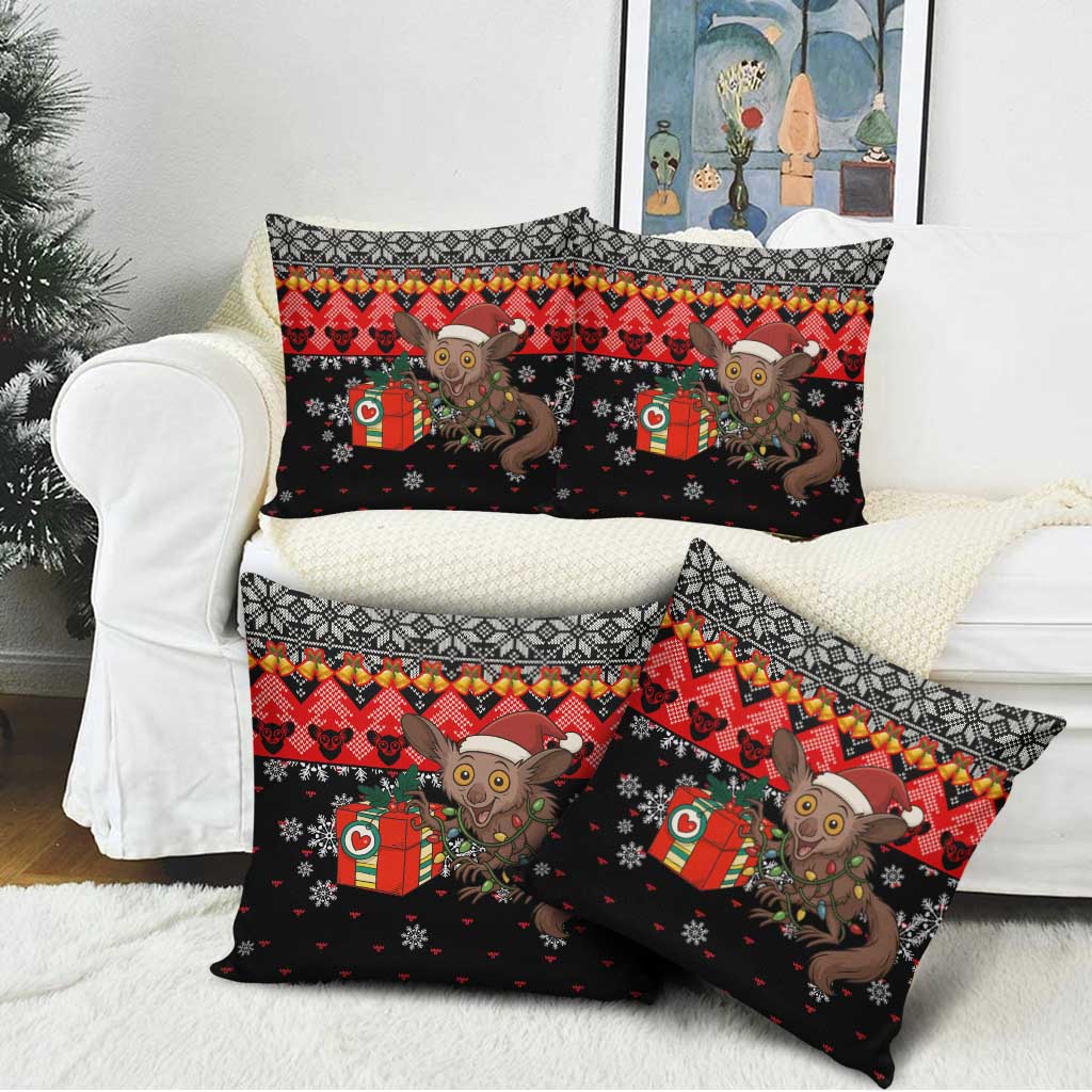 Madagascar Christmas Pillow Cover with Aye Aye Lemur Santa Hat Holiday Lights and Gift Box Pattern - Wonder Print Shop