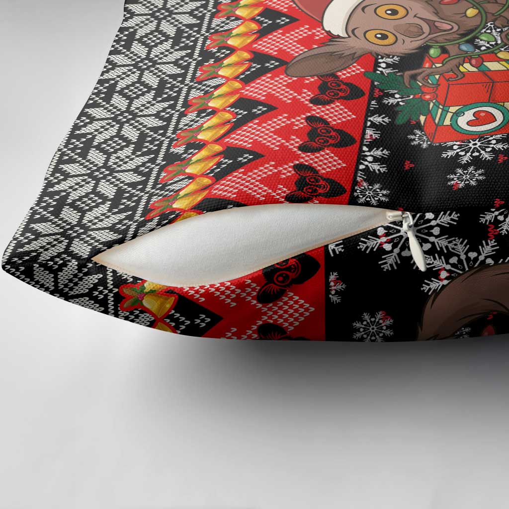 Madagascar Christmas Pillow Cover with Aye Aye Lemur Santa Hat Holiday Lights and Gift Box Pattern - Wonder Print Shop