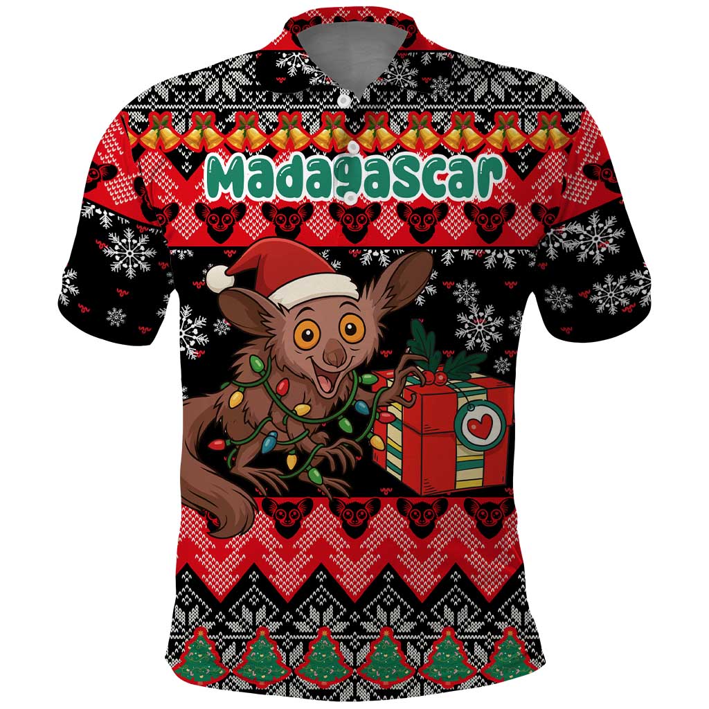 Madagascar Christmas Polo Shirt with Aye Aye Lemur Santa Hat Holiday Lights and Gift Box Pattern - Wonder Print Shop
