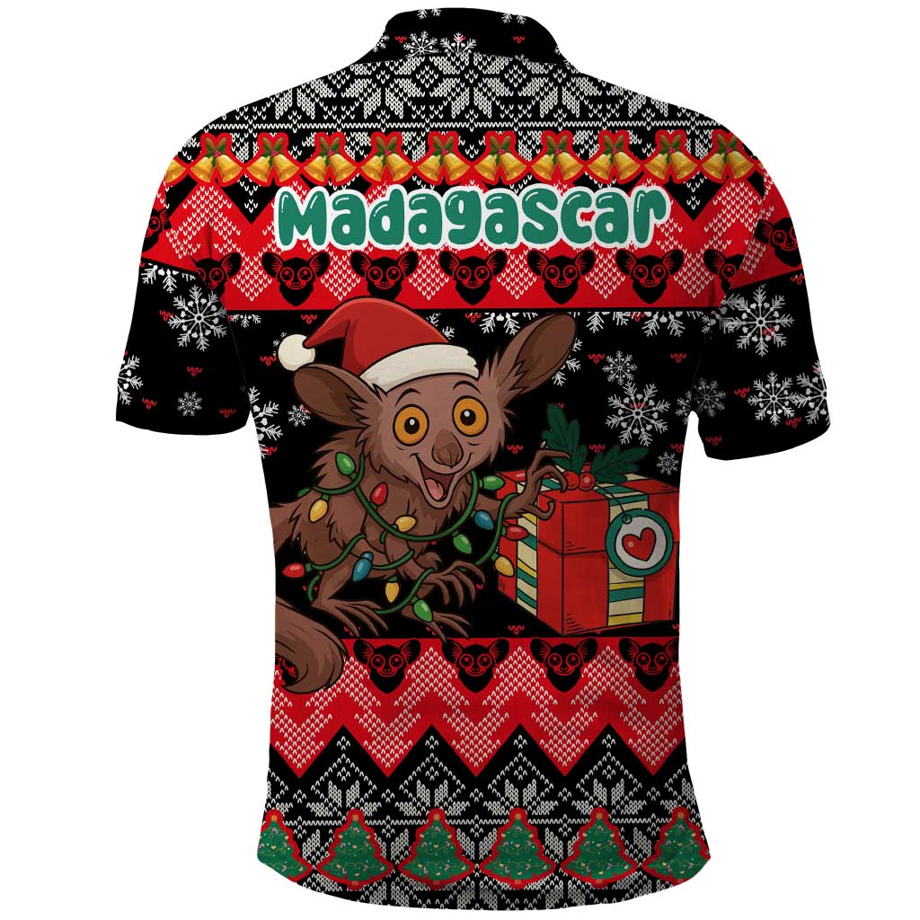 Madagascar Christmas Polo Shirt with Aye Aye Lemur Santa Hat Holiday Lights and Gift Box Pattern - Wonder Print Shop
