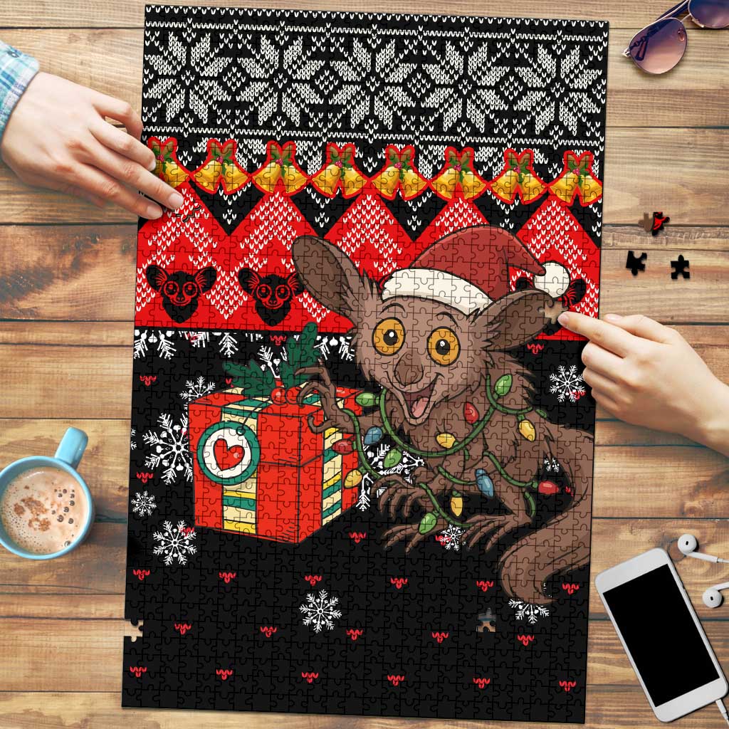 Madagascar Christmas Puzzle with Aye Aye Lemur Santa Hat Holiday Lights and Gift Box Pattern - Wonder Print Shop