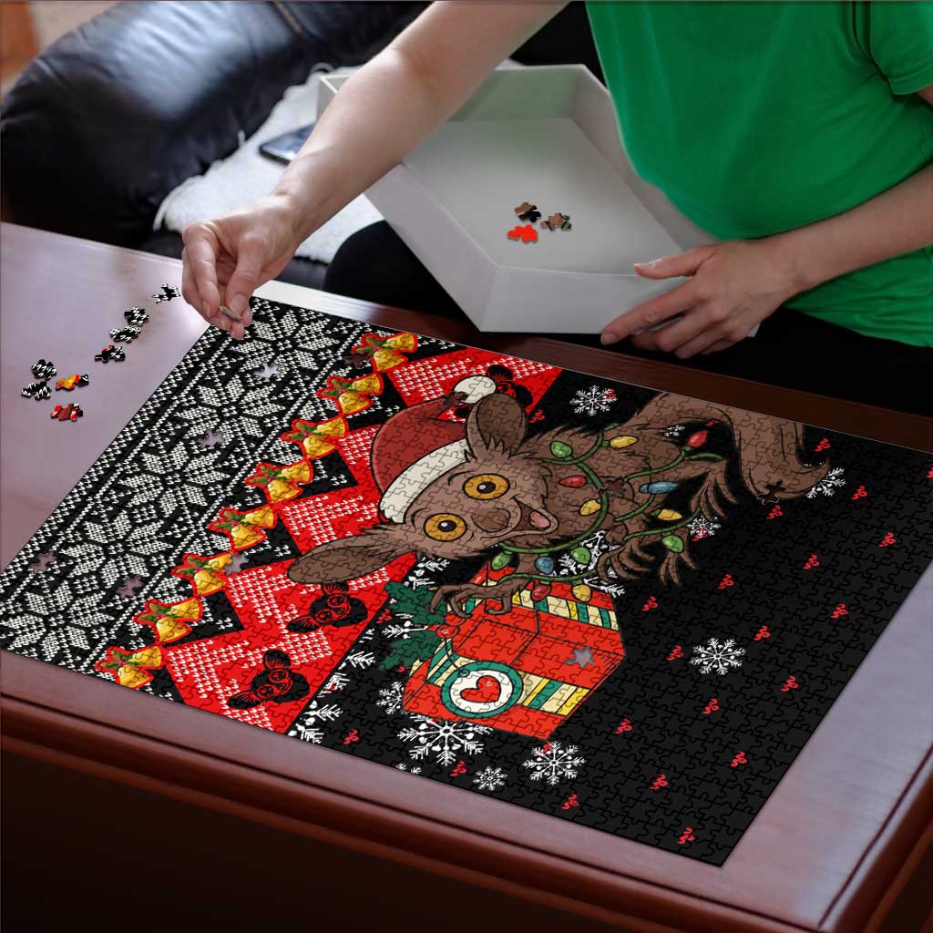 Madagascar Christmas Puzzle with Aye Aye Lemur Santa Hat Holiday Lights and Gift Box Pattern - Wonder Print Shop