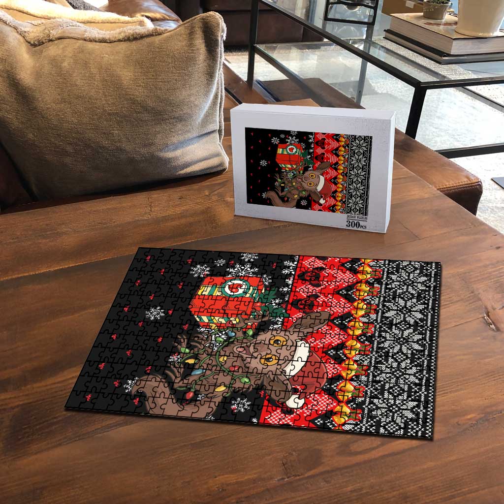 Madagascar Christmas Puzzle with Aye Aye Lemur Santa Hat Holiday Lights and Gift Box Pattern - Wonder Print Shop