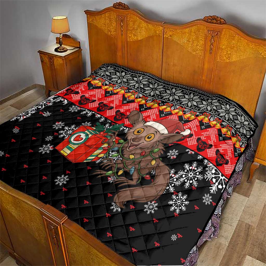 Madagascar Christmas Quilt with Aye Aye Lemur Santa Hat Holiday Lights and Gift Box Pattern - Wonder Print Shop